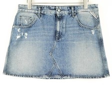 REPLAY Women Skirt W32 Blue Pure Cotton Washed Distressed Denim Mini