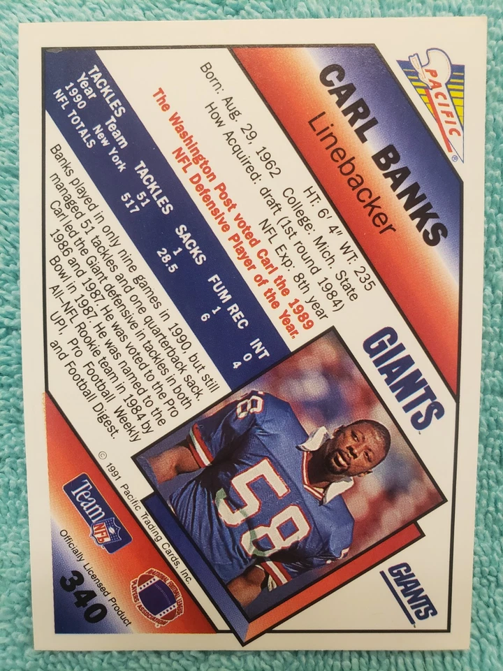 1991 PACIFIC CARL BANKS #340 NEW YORK GIANTS  - Image 4 of 4