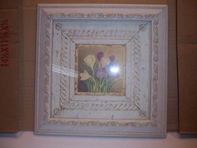 VINTAGE SHABBY CHIC STYLE FLORAL PAINTING IN GLASS ENCASED CARVED IVORY FRAME