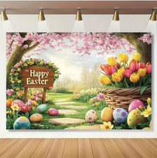 Spring Happy Easter Backdrop Garden Colorful Eggs Photo Background Party decor