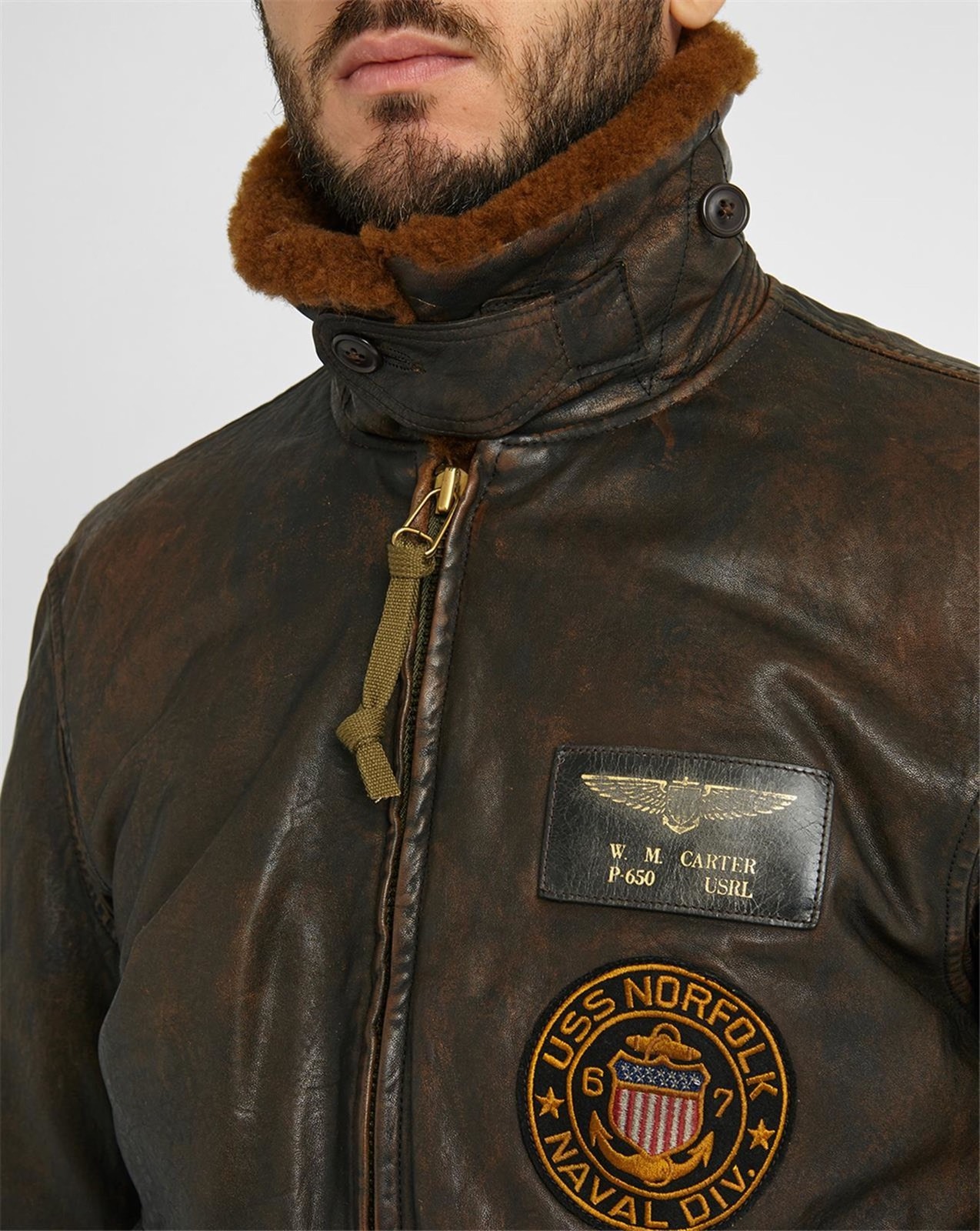 Ralph Lauren Brown Fur Collar Aviator Patch Destroyed Leather Jacket Size S image 6