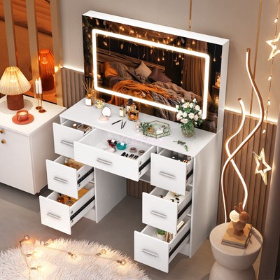Vanity Desk Set with LED Light Mirror Makeup Vanity Table 7 Drawers For Bedroom