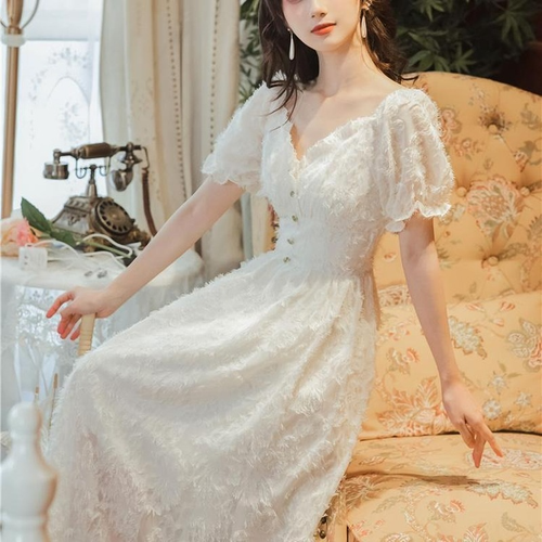 Women's Midi Dress Puff Sleeve V-Neck 