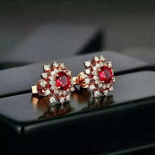 2 Ct Round Simulated RED RUBY Beautiful Halo Stud Earrings 14k Rose Gold Plated - Picture 2 of 8