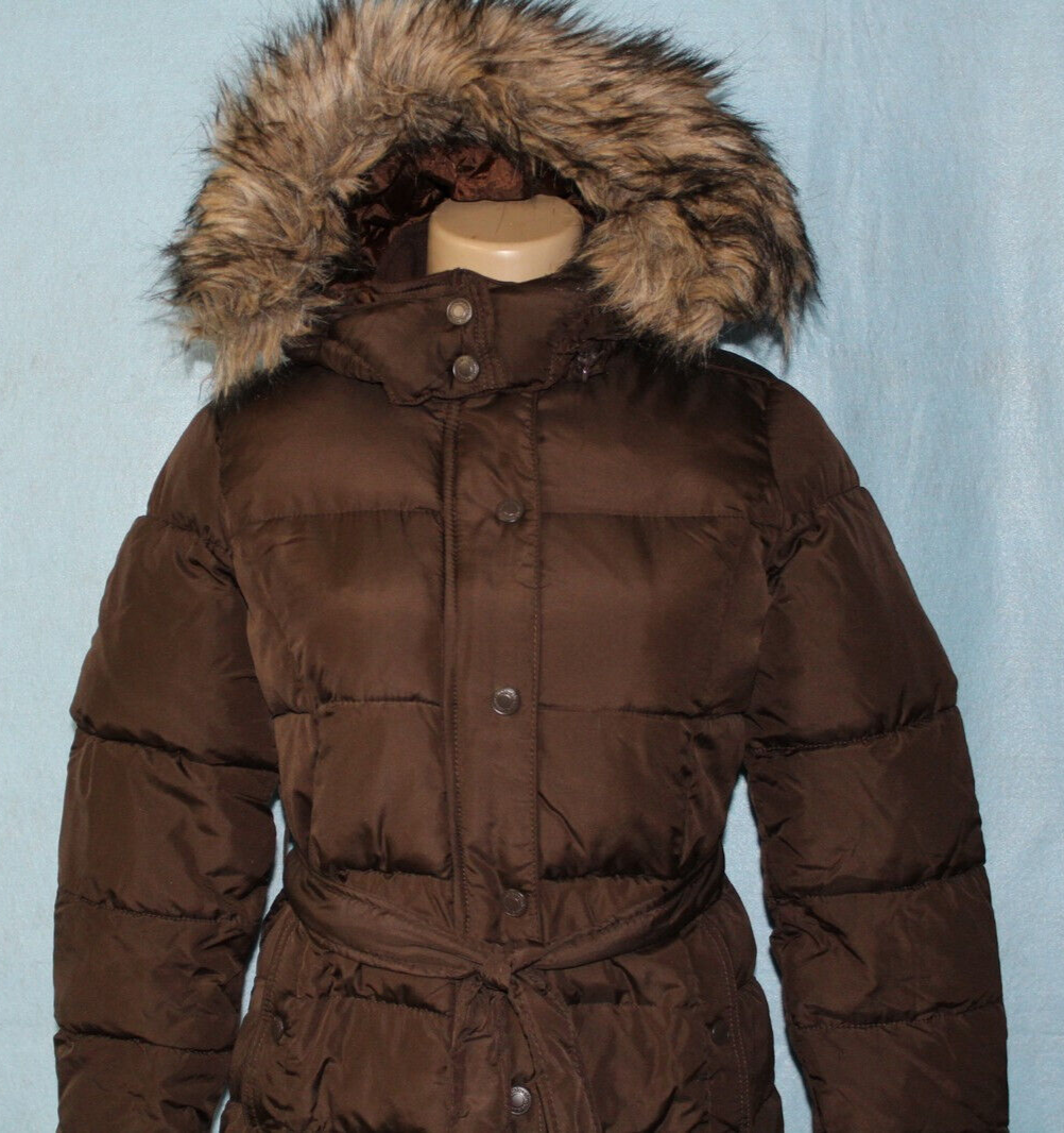 NEW Aeropostale Long Brown Hooded Puffer Jacket w/ Faux Fur XS See