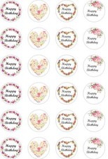 24 x PRECUT FLOWER BORDER HAPPY BIRTHDAY RICE/WAFER PAPER CUP CAKE TOPPERS