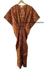 100% Cotton Loose Short Sleeve Flower Print Mustard Free Size Boho Caftan Dress