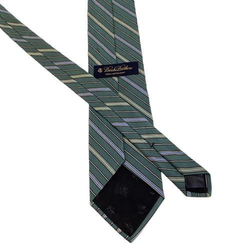 BROOKS BROTHERS Makers & Merchants Mens 100% Silk Necktie STRIPED Green/Blue GUC - Picture 3 of 3