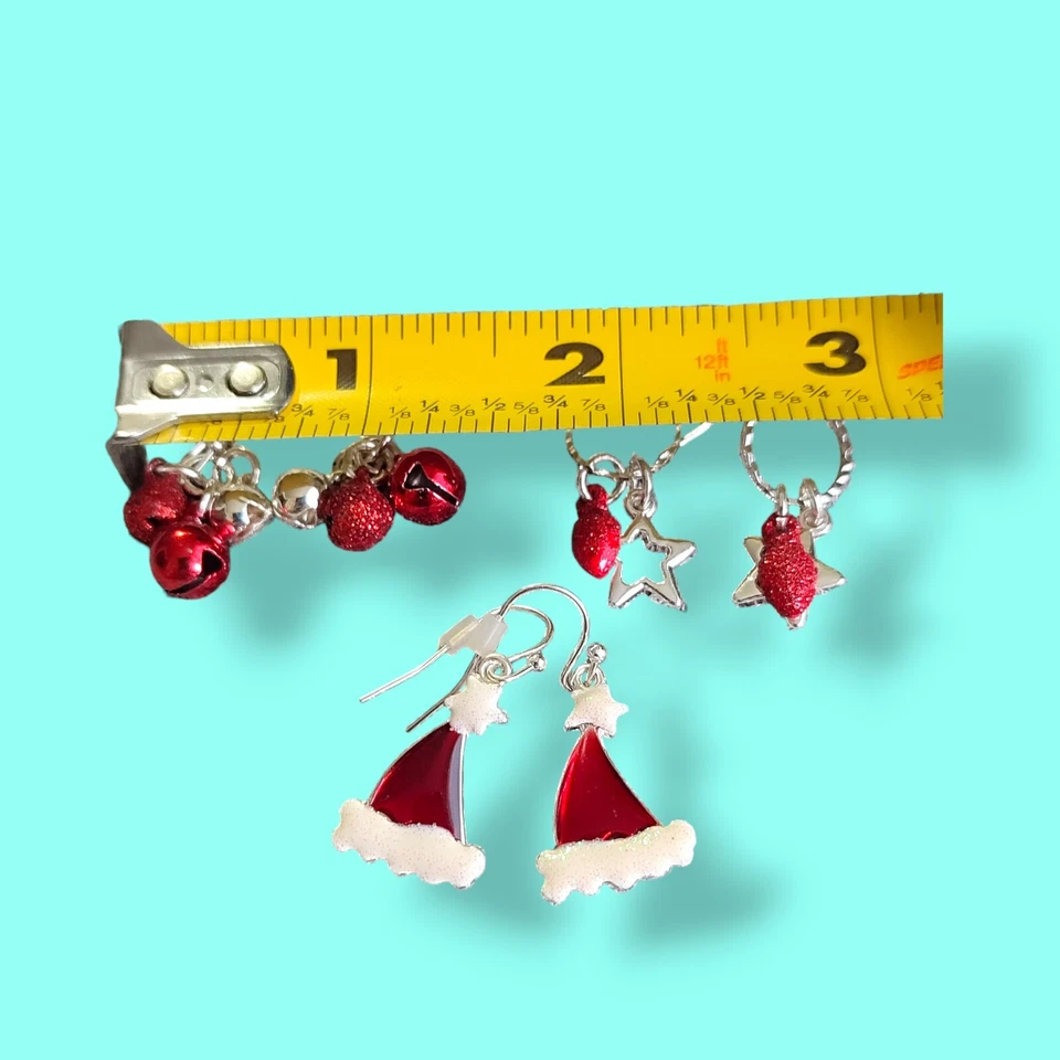 Silver Plate Christmas Holiday Hook Dangle Drop Charm Earrings Bells Santa Hat - Image 4 of 4