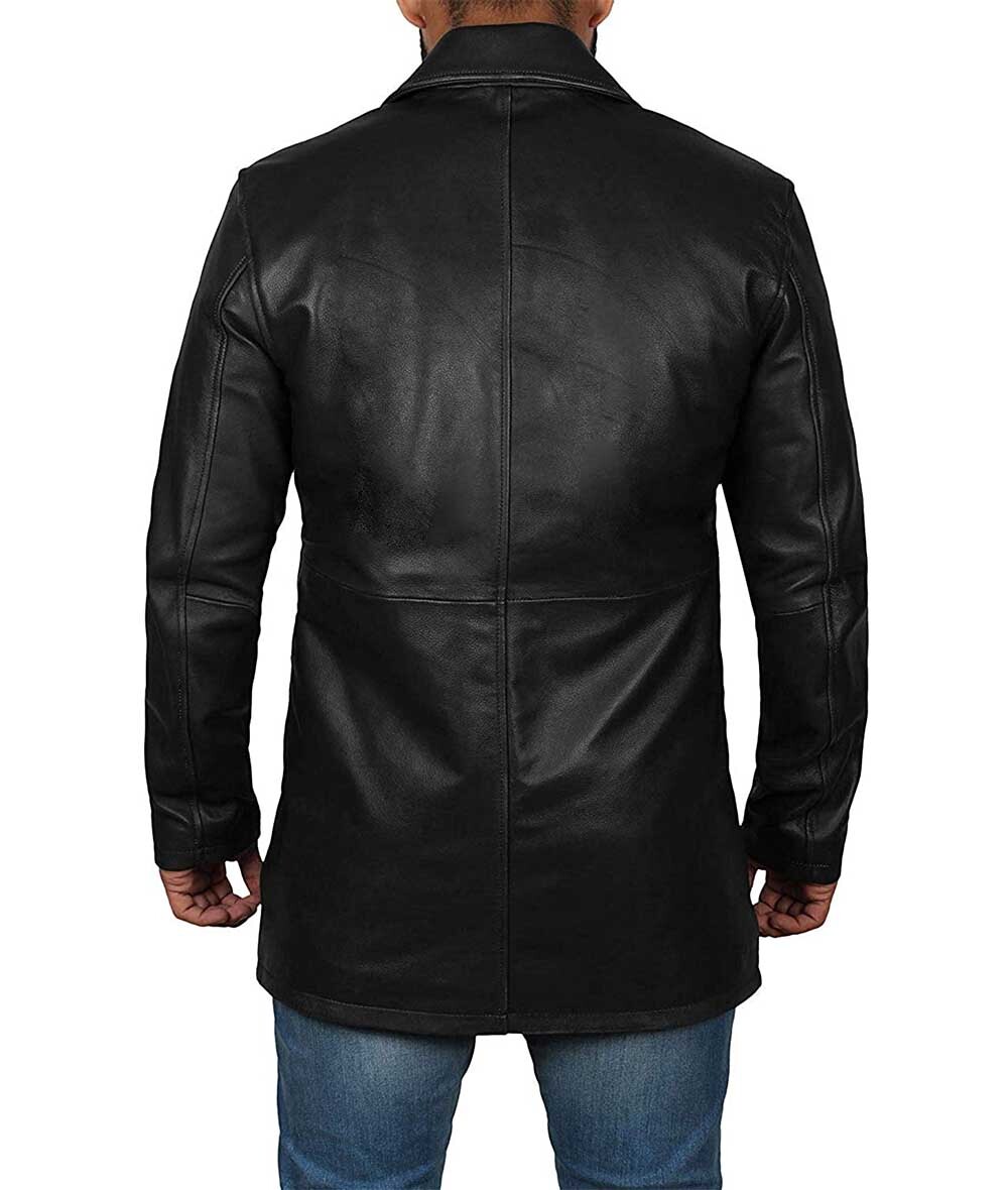 Men`s Premium Long Coat Button Closer Black Real Sheep Leather Jacket Sheep Skin image 4