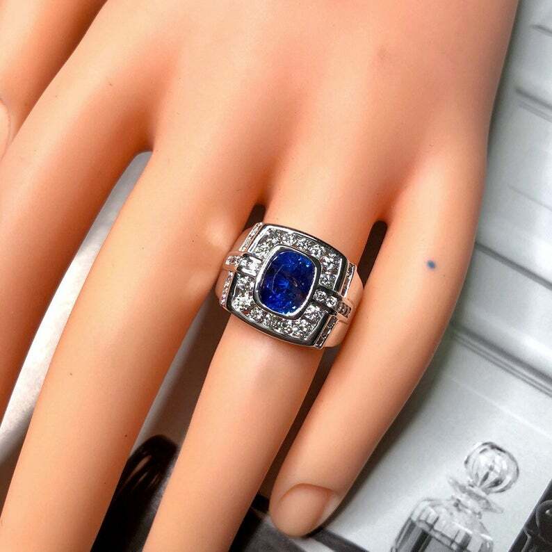 Men S Fashion Jewelry Rings 2026.4.40CT Blue sapphire & CZ Royal Certified 935 Silver Men's Fashion ...