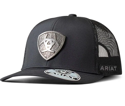 Ariat Mens Metal Shield Logo Mesh Back Adjustable Snapback Cap Hat (Black)