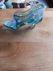 FENTON 95th Anniv Hand Painted Blue Glass Flower Slipper Shoe by T. Christopher