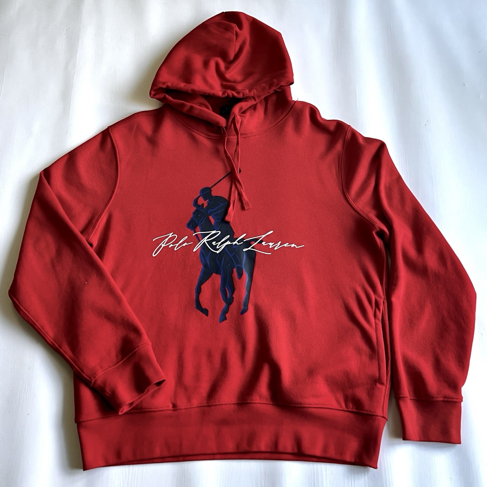 Felpa Polo Ralph Lauren Rosso Navy Big Pony Fleece con cappuccio taglia L tasche laterali