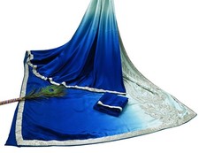 Rare Vintage Green Blue Pure Satin Silk Saree Hand Embroidered Fabric 5.5 Yard