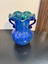 Hand Blown Art Glass Vase Blue Green Applied Handles Ruffled Rim 8" Murano Style