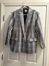 Nine West Women's Classic Single Button Blazer Heather Gray Blue Plaid Large