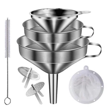 Large Stainless Steel Funnels Set with Strainers and Cleaning Brush for Kitchen