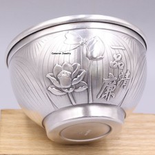 Pure S999 Fine Silver Tea Cup Heat Insulation Lotus Dragonfly Bowl 55-56g 2.6in