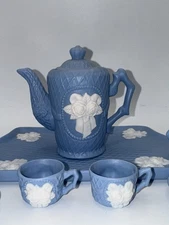 Miniature Dollhouse Tea Set Blue White Porcelain Bisque Rose Collection Decor