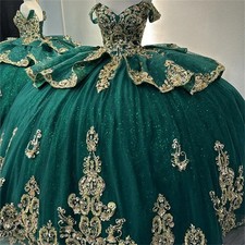 Glitter Green Quinceanera Dresses Gold Applique Beads Corset Sweet 16 Ball Gowns