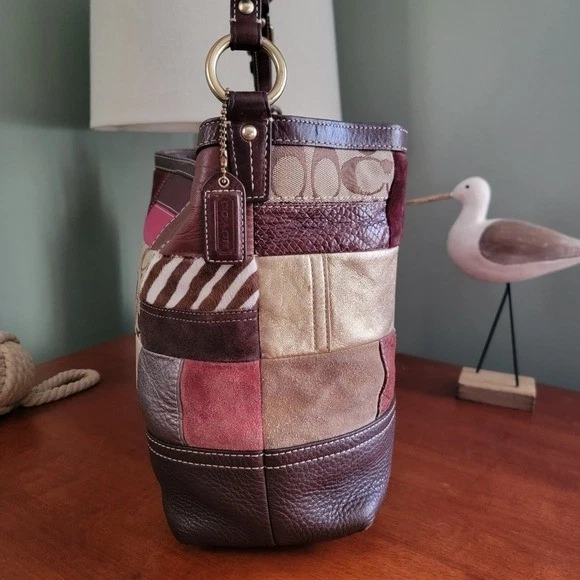 Bolso de Mano Coach 10434 Patchwork Cuero Gamuza Pelo de Becerro Marrón Dorado Y2K Foto 2 de 4