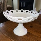 Vintage Imperial Footed Pedestal Milk Glass Compote Lace Edge Diamond Point Bowl
