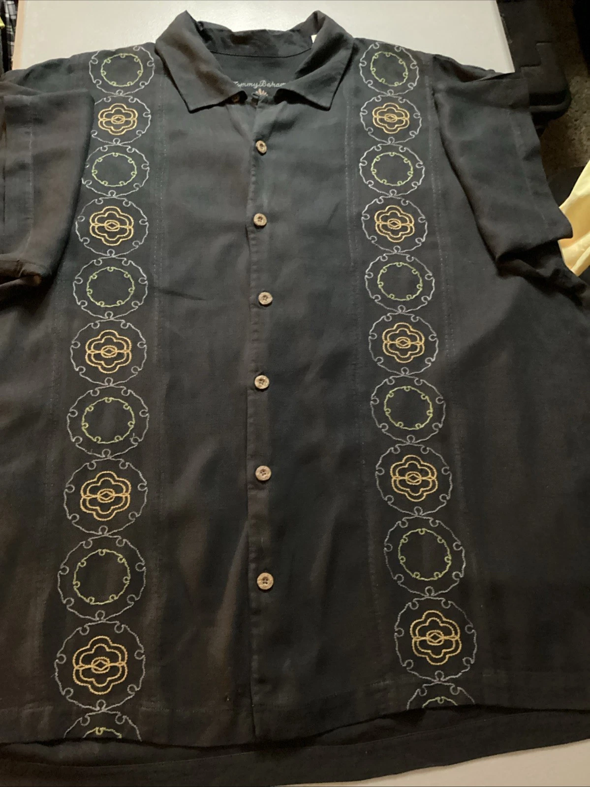 Tommy Bahama Men's Hawaiian Shirt XLX Short Sleeve, Silk, Embroidered Black