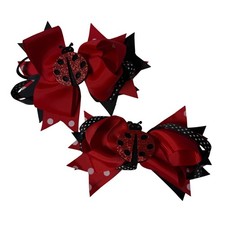2pc Kids Ladybug Hair Bows Red Black Polka Dot Glitter Accent Clips