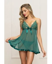 Seven ’til Midnight Lace Mesh Babydoll Gold Straps & Thong Green