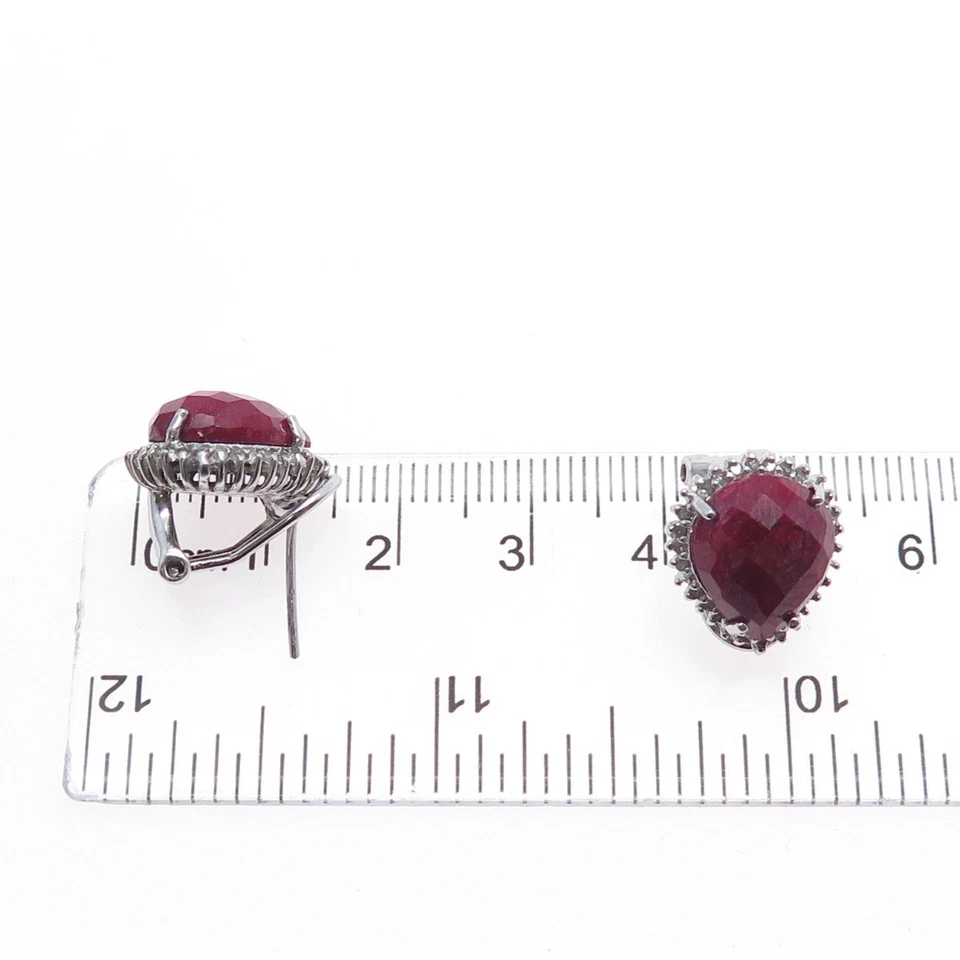 925 Sterling Silver Real Diamond & Pear-Cut Ruby Omega Back Earrings - Image 3 of 4