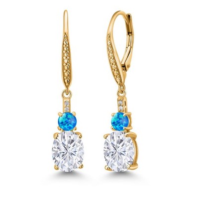 18K Yellow Gold Plated Silver White Moissanite and Blue Opal Dangle Earrings