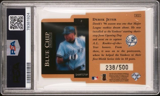 1997 Upper Deck Blue Chip Prospects /500 Foil Die-Cut #BC2 Derek Jeter SSP PSA 8 view 8