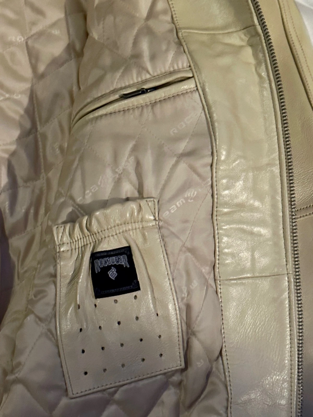 RARE Vintage Y2K Rocawear "Lion Head" Leather Varsity Jacket Beige Black Sz XL image 3
