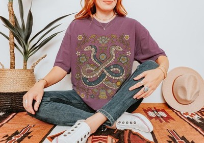 Retro Folk Art Snake T-Shirt  Comfort Colors Celestial Sun   Moon Tee