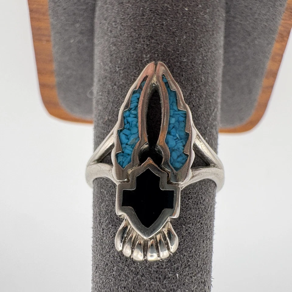 Anel de prata esterlina asas de motociclista turquesa preto ônix incrustado sudoeste tamanho 6 - Imagem 2 de 4