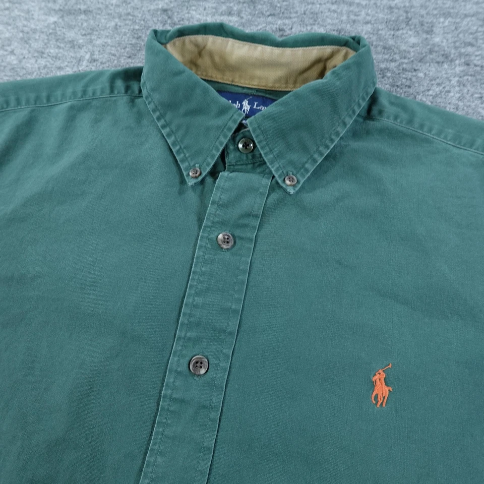 Ralph Lauren Shirt Mens Large Green Classic Fit Button Down Suede Elbow Patches - Image 2 of 4