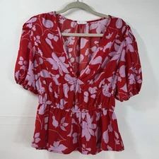 Sienna Sky Women’s  size XL Peplum Puff Sleeve Top V-neck Red Pink Floral