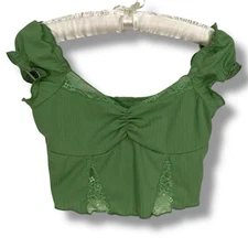 Shein Green Crop Top Lace Ruched Front Puff Sleeve Girly Fairycore Festival Sz S