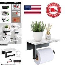 Marble Toilet Paper Holder with Shelf Matte Black Metal Wall Mounted Design