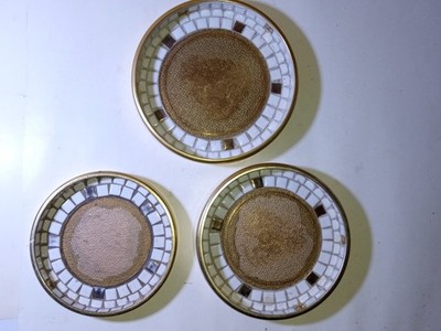 Gold and White Metal Mosaic Coaster Set, Geometric Pattern, Round, 3-Piece