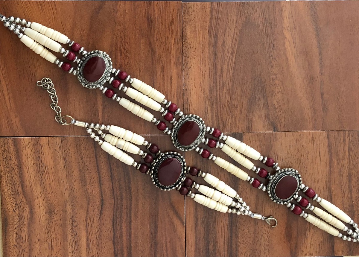 Native American Beaded Agate Stone Tribal Buffalo Bone Bracelet