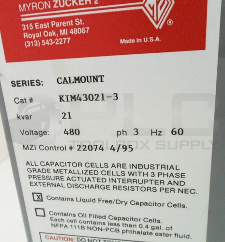 NEW MYRON ZUCKER KIM43021-3 CAPACITOR 480V 3PH 60HZ *READ* - Picture 6 of 6
