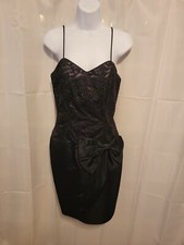 Black Cocktail Dress Sz 5, Satin, Lace, Bling, Large Bow, Slit Party Fancy Dress