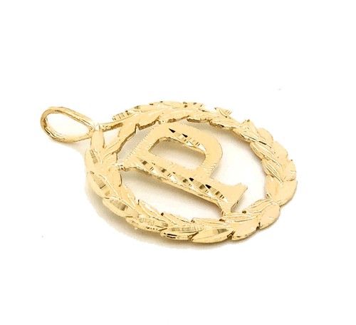 Genuine 14k Yellow Gold 0.78" Wreath Initial Block Letter 'P' Round Pendant - Picture 2 of 5