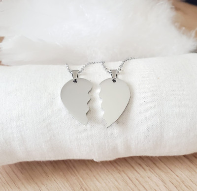Colliers deux coeurs ensemble à partager acier inoxydable argent femme homme