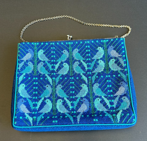Vintage Art Deco Blue Tapestry Purse - Bird Pattern