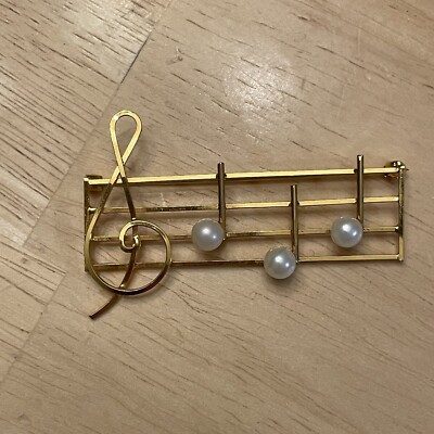 Vintage Music Pin Brooch Treble Clef Pearl Gold Fiilled