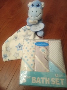 Brand New Bon Bebe Hooded Bath Blankets Towels Set 3 Piece Blue Security Blanket