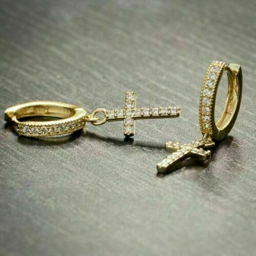 18K GOLD GF Y2K WOMENS MENS MINI DIAMONDS CROSS DROP DANGLE SOLID